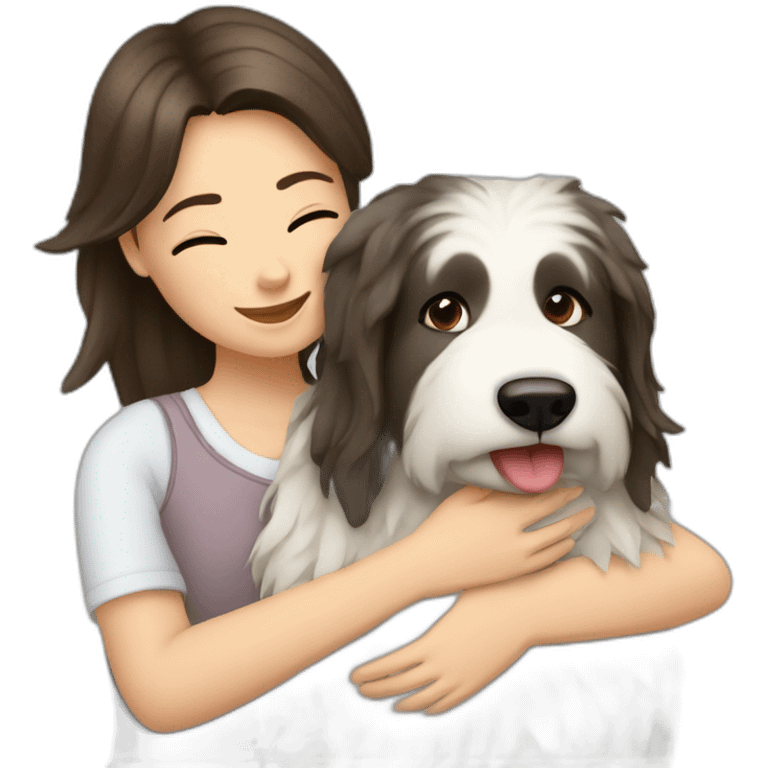 A brunette girl is hugging a Polish Tatra Sheepdog. emoji