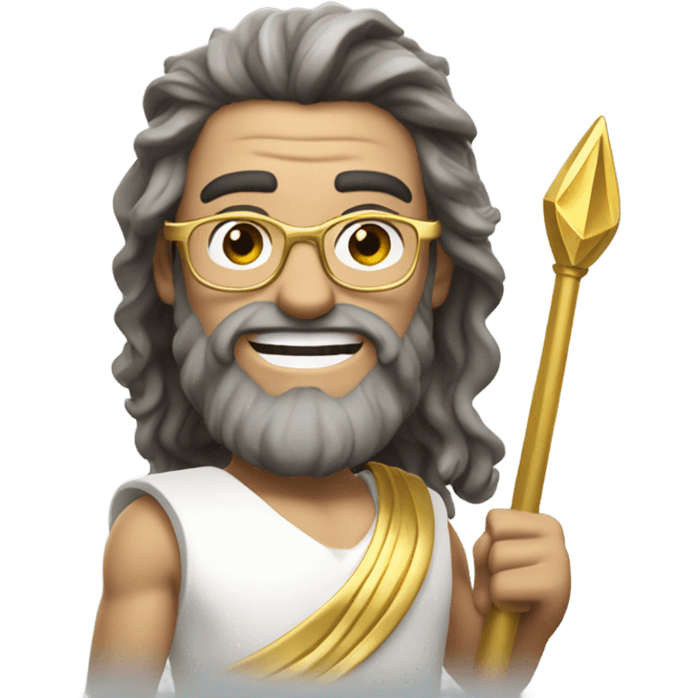 white Poseidon with gold Trident and nerd glasses. long hair white dress. smile . wink. pointing us emoji