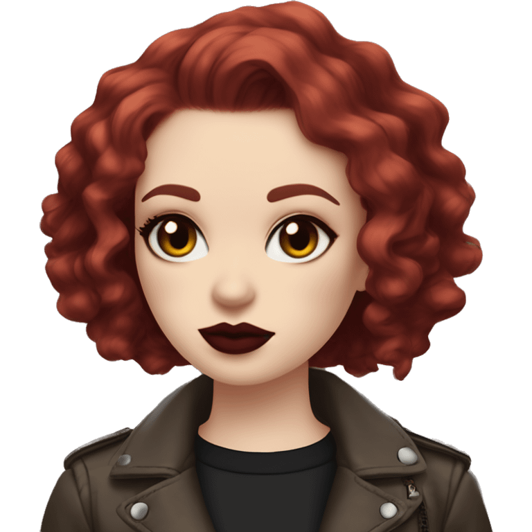 Girl with very pale skin, bright red curly short hair with a side part, black cat-eye makeup, long eyelashes, dark maroon blush and lipstick.  Her eyebrows are dark, arched and very high.  Hazel eyes. Big lips. Thin. Wearing a biker jacket  emoji