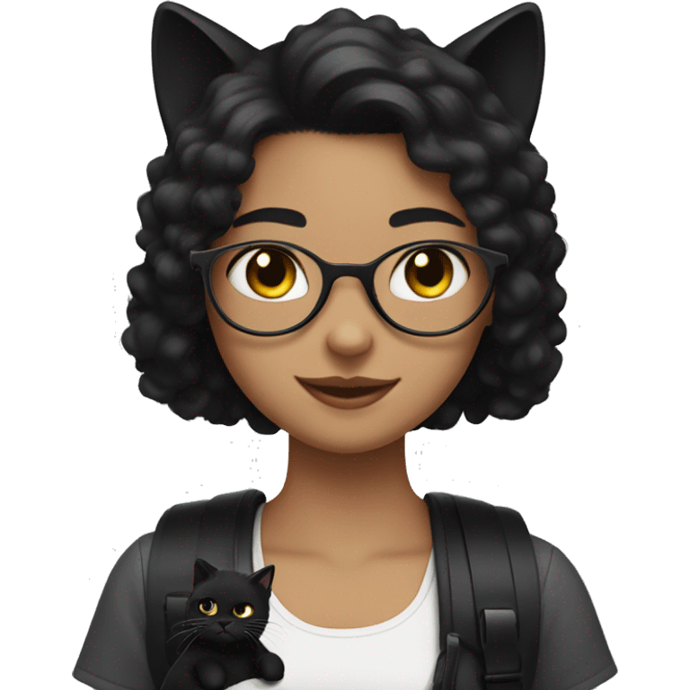 girl with black hair and braces with a black fluffy cat emoji