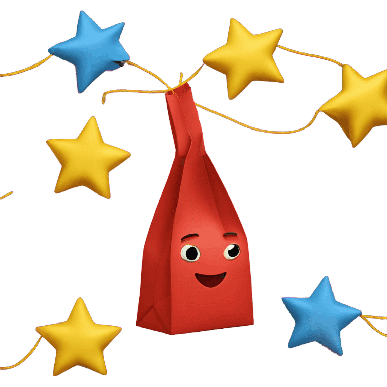 Four-pointed stars pop out of a red paper bag with a yellow string emoji