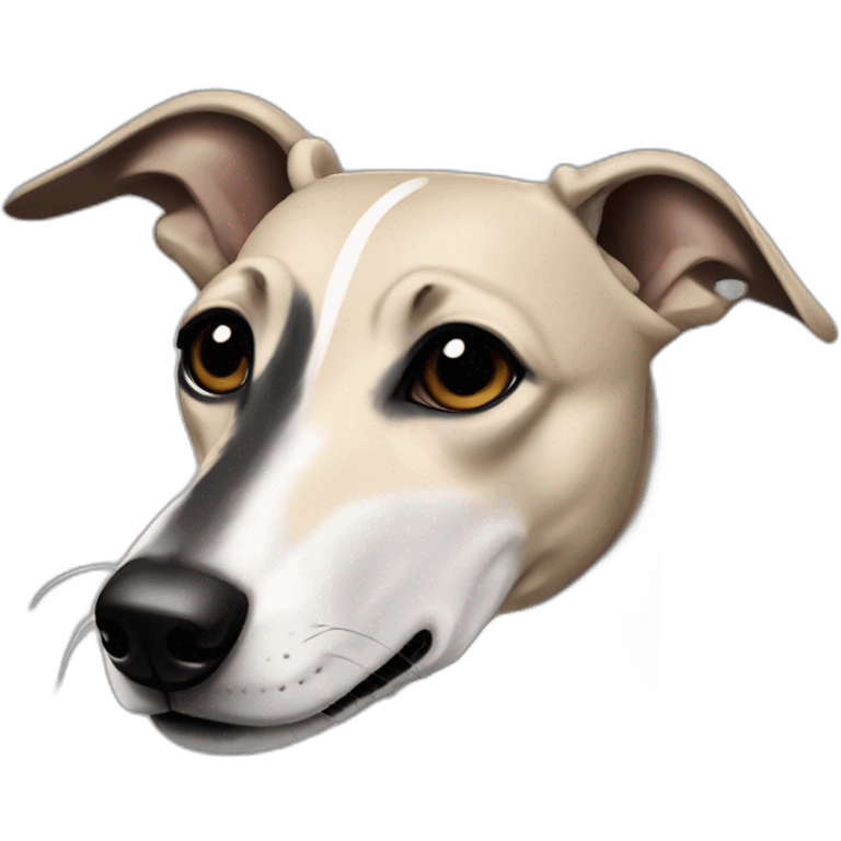 a beige whippet with a dark snout, black and white mouth and black angel wing like eyes emoji