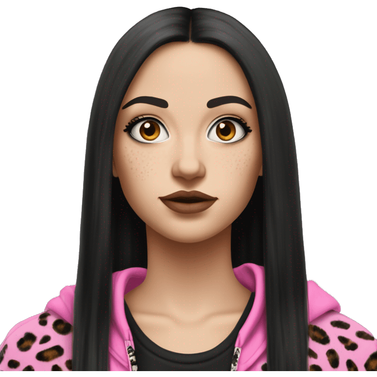 Hyperrealistic white girl with long black hair with a pink fringe and has eye makeup on, she is wearing a black and leopard print hoodie  emoji