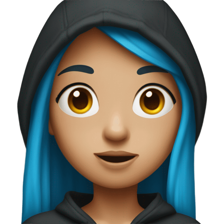 girl with long blue hair in a black hoodie has a surprised face emoji