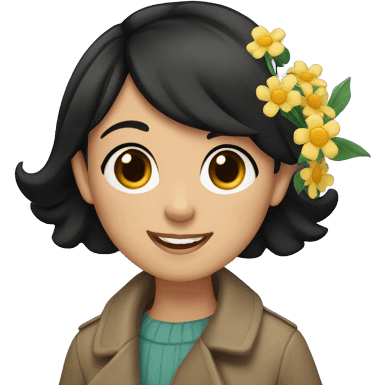 A girl with very short black hair, fair skin, and brown eyes wearing a coat and waving flowers emoji