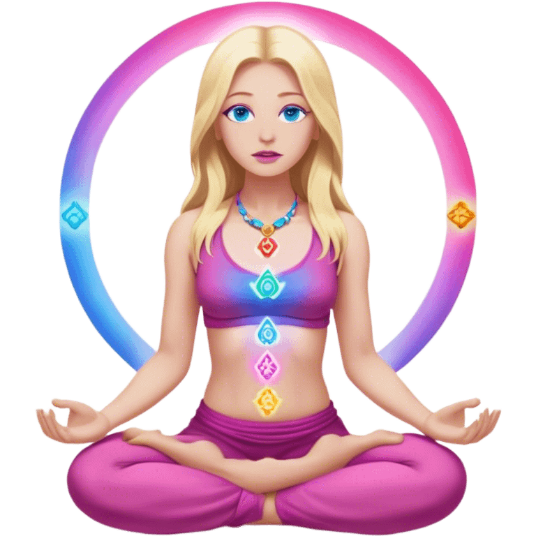 A cinematic realistic blonde with long hair, blue eyes and pink lips
meditates, her 7 chakras glow. emoji