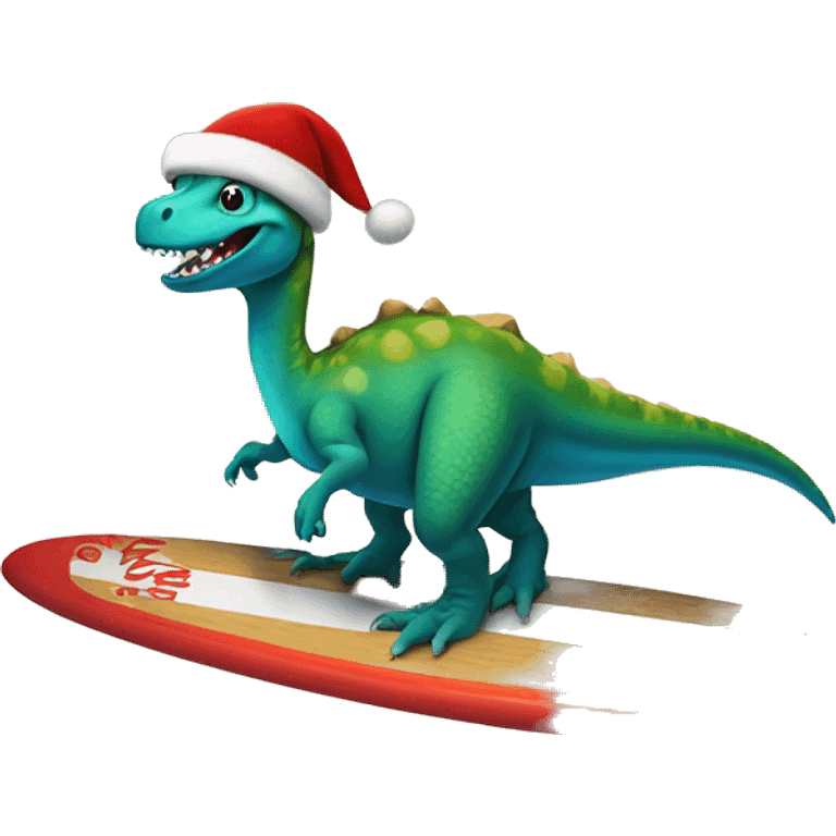 dinosaur on a surf board with a christmas hat emoji