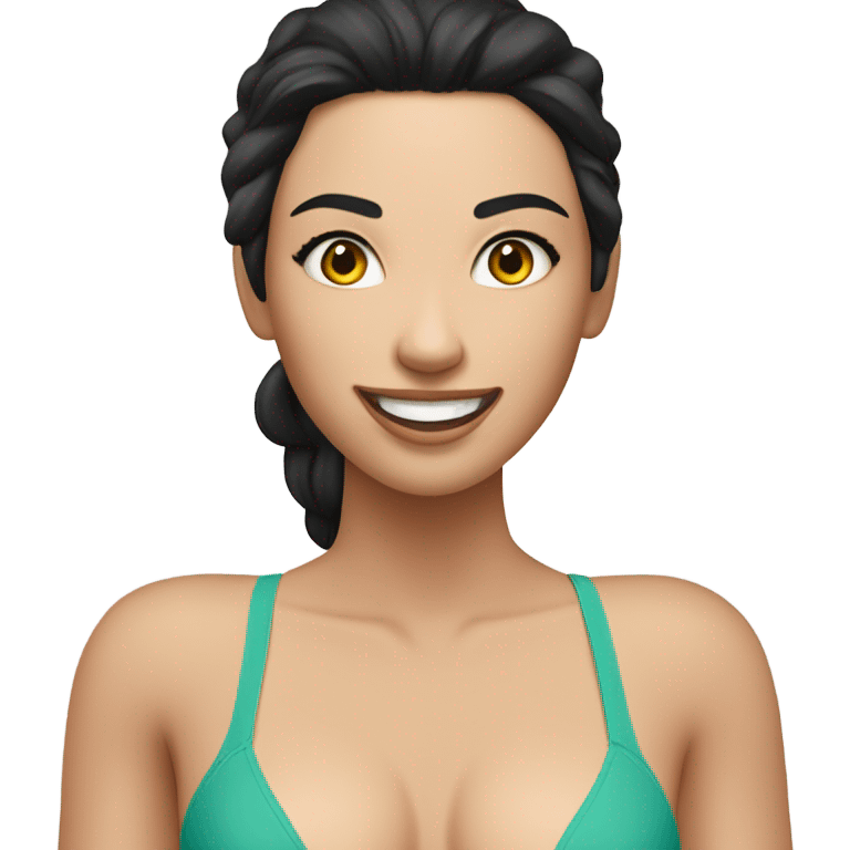 A beautiful vivacious, very full-bodied swim swimsuit, model with black hair and pale skin with a large smilet emoji