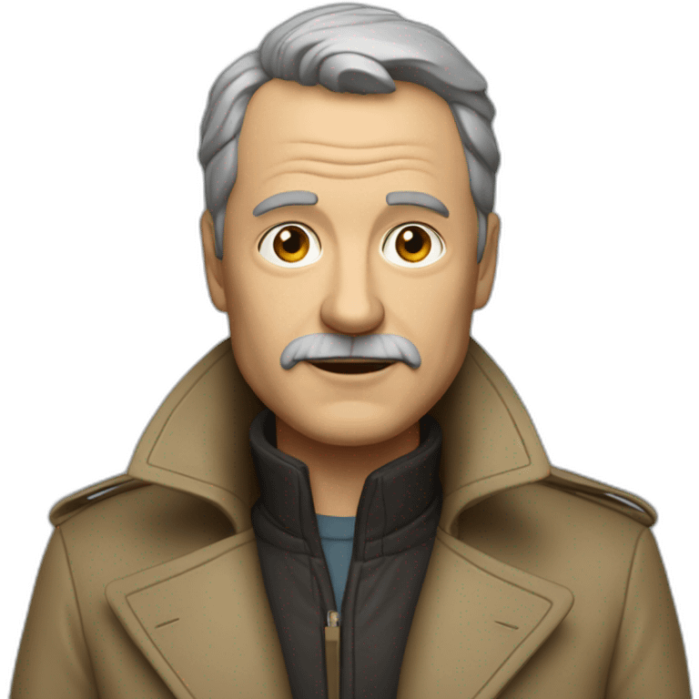 Middle-aged man in a trench coat with a leather fur collar emoji