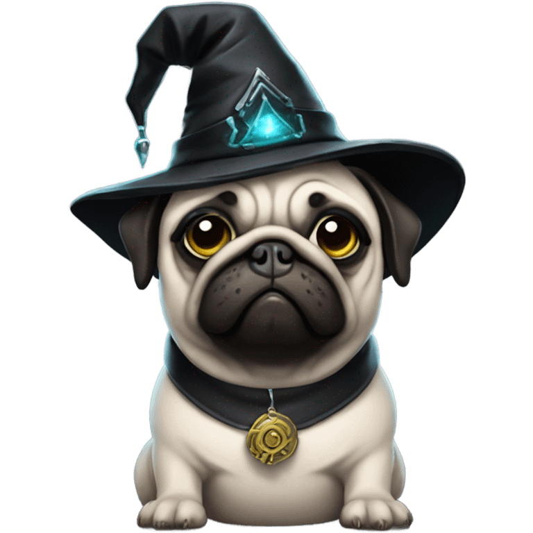 cyberpunk pug wearing a black wizard's hat emoji