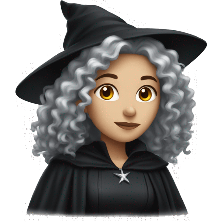 white women with long dark curly hair and a black witch costume emoji