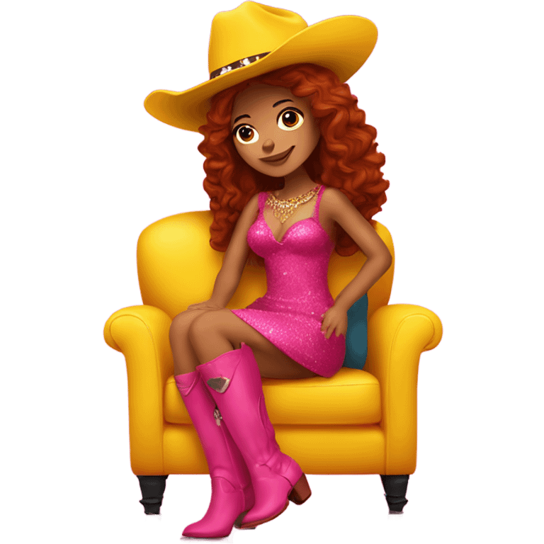 Latina with long red wavy hair sitting on a yellow couch with a hot pink dress and glitter cowboy boots and cowboy hat emoji