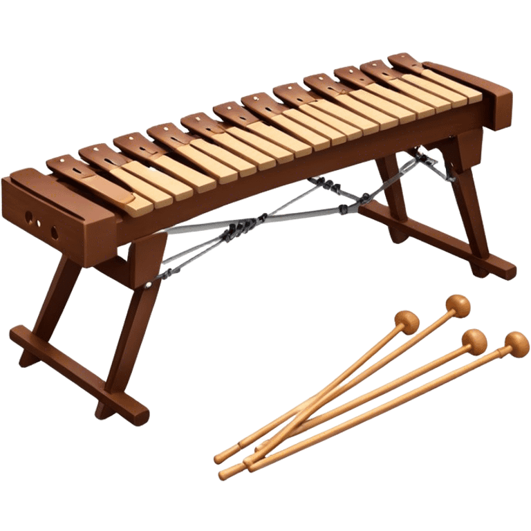 Create a detailed and professional emoji representing a Fleet FLT-SX37 orchestral long wooden xylophone. The design should showcase the large, wooden bars of the xylophone arranged in a traditional layout, with a polished, smooth finish. The bars should be dark brown or mahogany, with soft metallic reflections on the resonators underneath. Include two mallets with rubber or wooden heads resting on the bars, emphasizing their role in striking the notes. The xylophone should have a sophisticated and professional appearance, with clean lines and a polished look. Add subtle musical notes or sound waves to represent the vibrant sound produced by the instrument. The background should be transparent. emoji