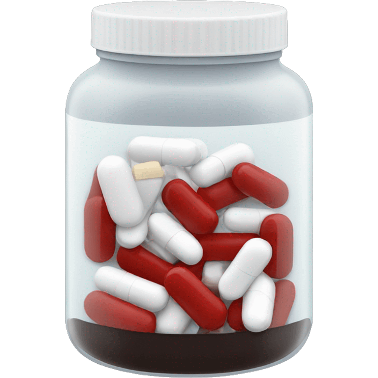 dark tinted supplement jar with pills that are half white and half red inside emoji