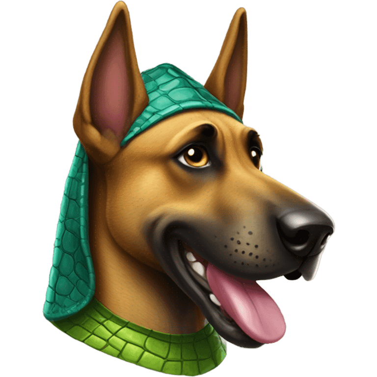 a malinois wearing a crocodile cosume emoji