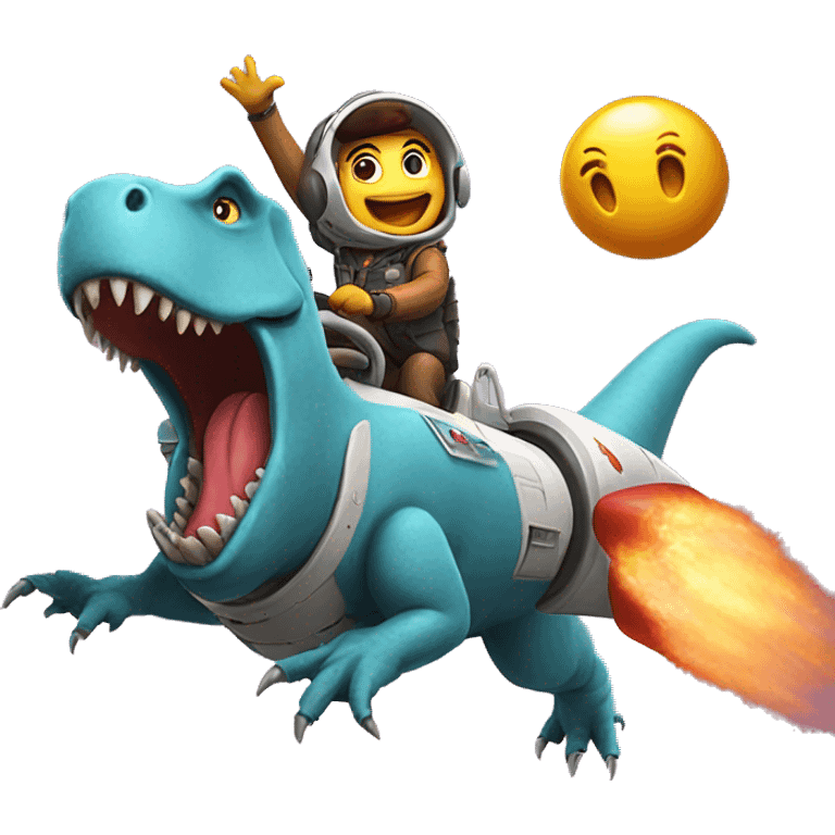 Trex riding rocketship while using a game emoji