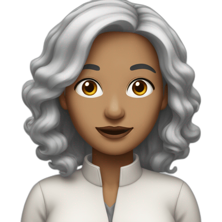 Woman at 40s, grey hair, big black eyes emoji