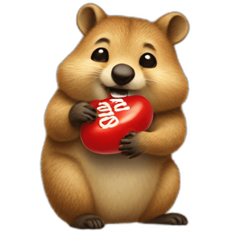 a cute quokka eating a large red peanut M&M emoji