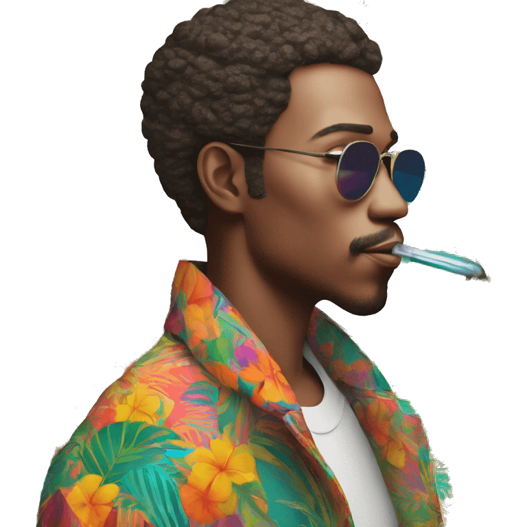 Person vaping wearing a colourful vibrant tropical patchwork of intricate vintage patterns, vape emoji