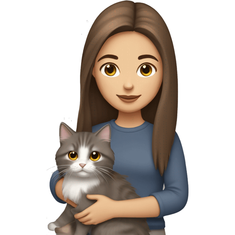  Chestnut brown straight hair girl holding fluffy Siberian gray cat  emoji