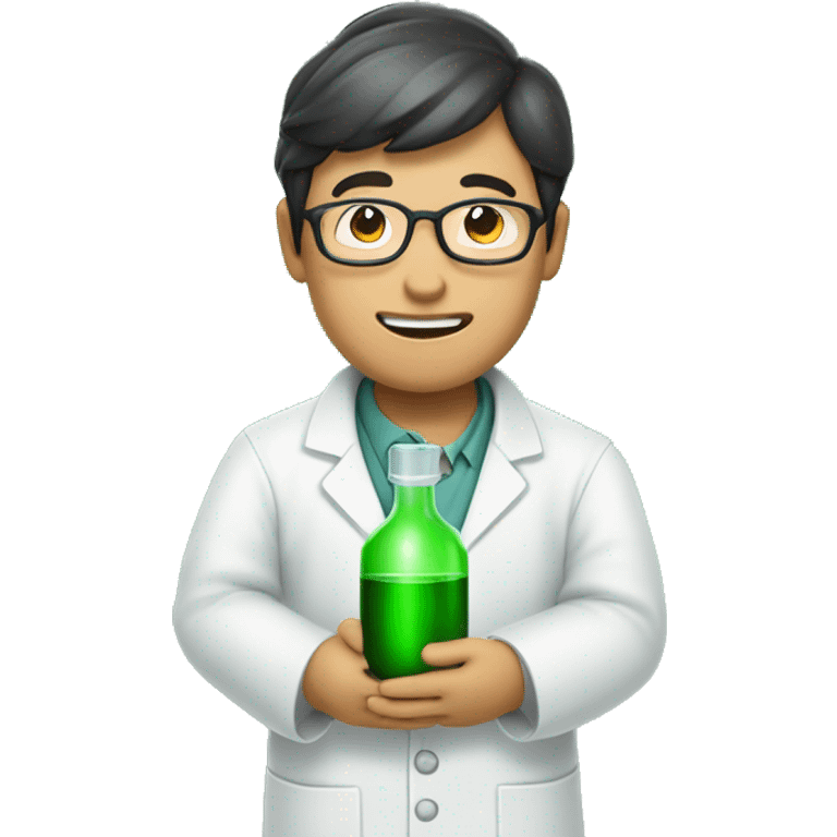 asian scientist experemintator with green liquid bottle in hands  emoji