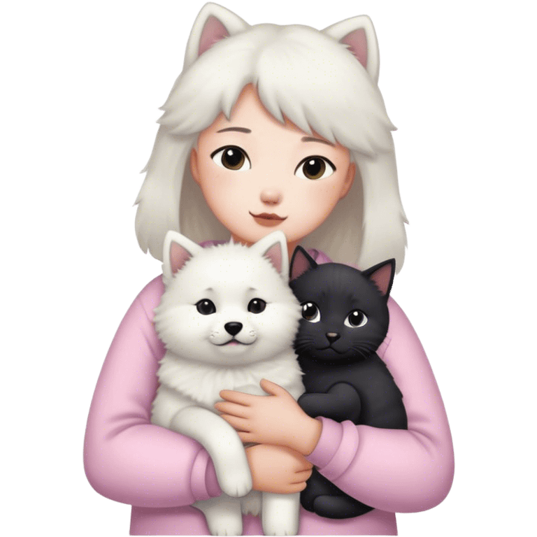 Samoyed and black British cat hug children in pastel clothes emoji