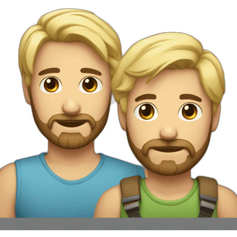 Gay male couple one of them Latino with beard male and the other guy an Australian blonde hair , with a cat in the middle emoji