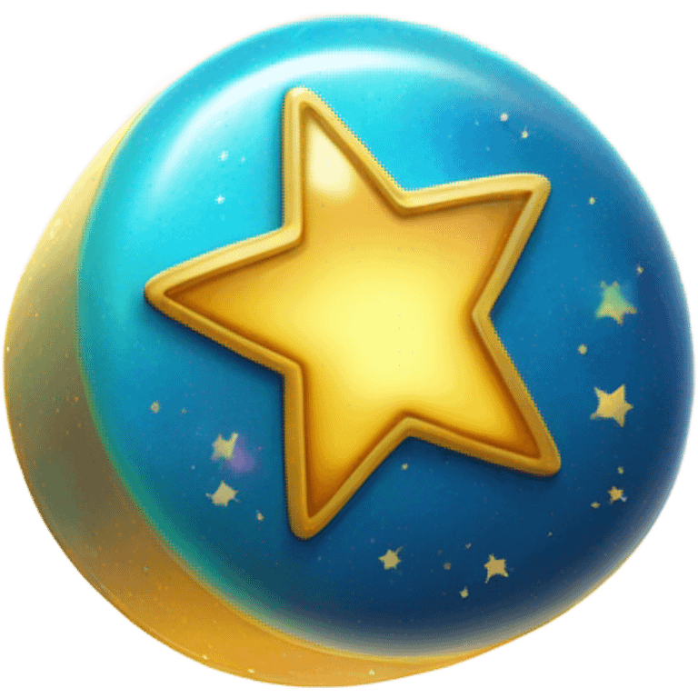 A magical pill emoji, glowing with a rainbow aura and sparkling stars around it. The pill is bright blue with a golden star in the center, floating in a pastel-colored background. The style is cute and cartoonish, like a playful emoji. emoji