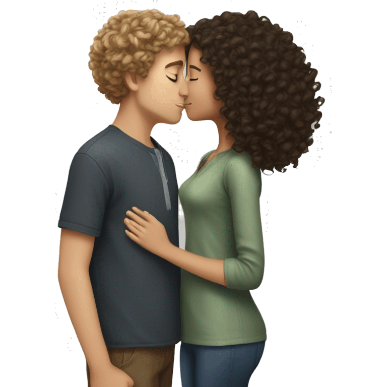 brunette girl kissing curly hair taller boy emoji