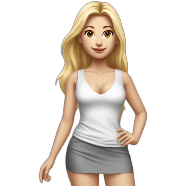 hyperrealistic caucasian blonde, long straight hair, white deep v-neck crop tanktop, gray tight mini skirt, walking body view emoji