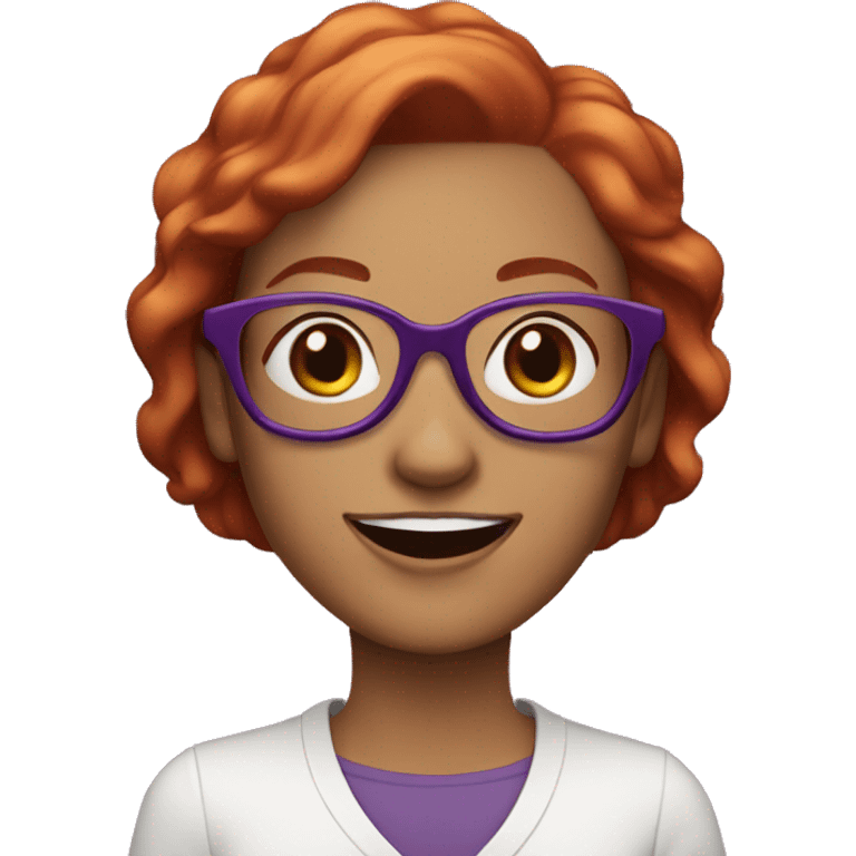 Woman with short, red hair, very light skin, smiling with teeth visible, and wearing round purple glasses emoji