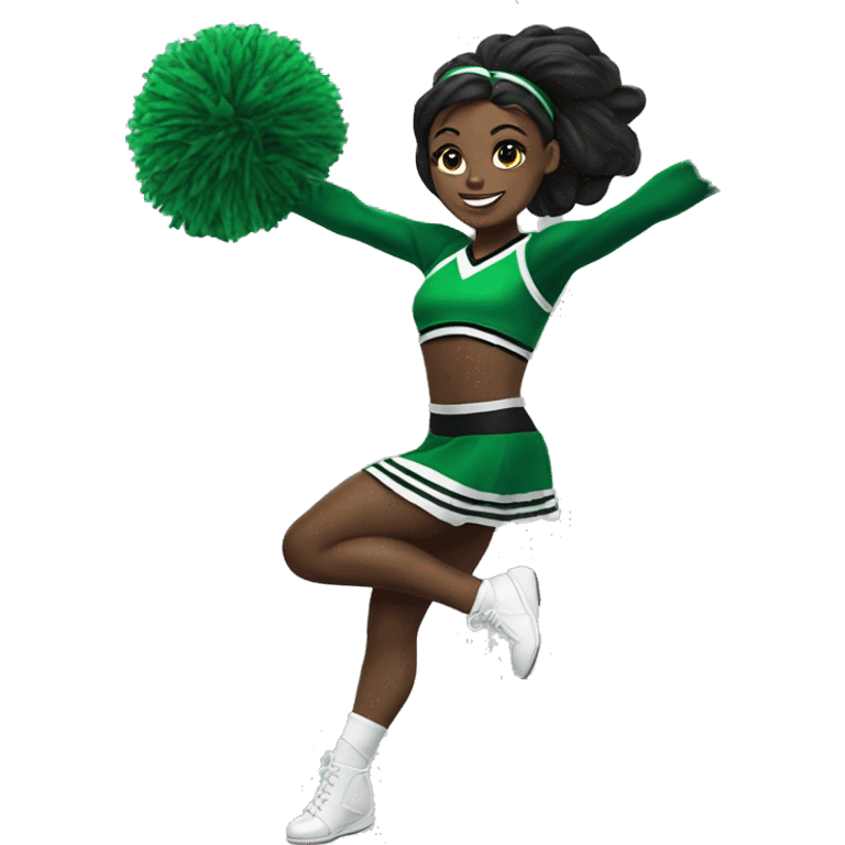 African american cheerleader toe touch in color green and black uniform emoji