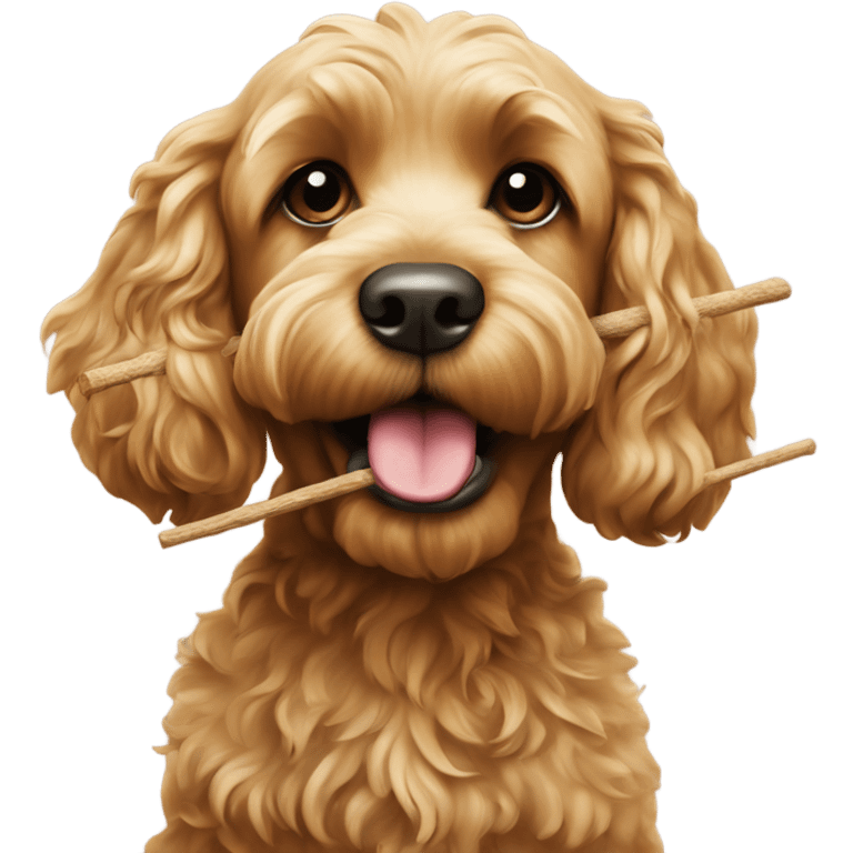 Golden coloured Cockapoo holding a stick in his mouth emoji