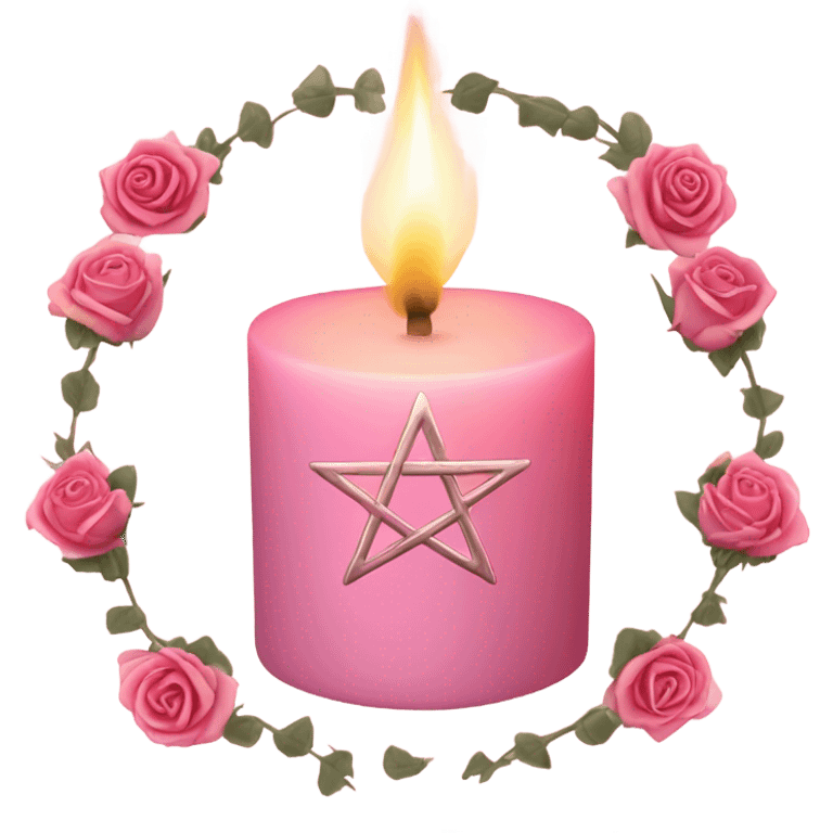 Light pink candle with roses and pentacle emoji