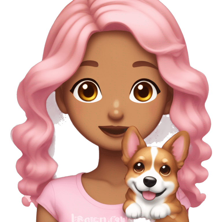 TAN SKIN GIRL WITH LONG BROWN CURLY HAIR AND A CORGI pink kawaii shiny blushing cute kawaii pastel anime trending style pink pastelcore emoji