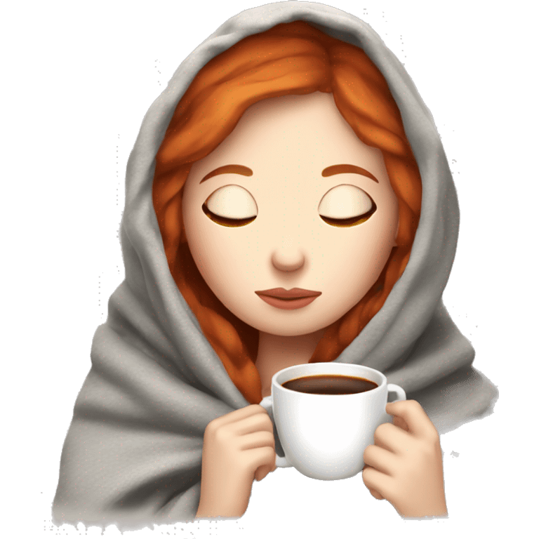 girl inside a blanket sipping coffee eyes closed pale skin red hair emoji