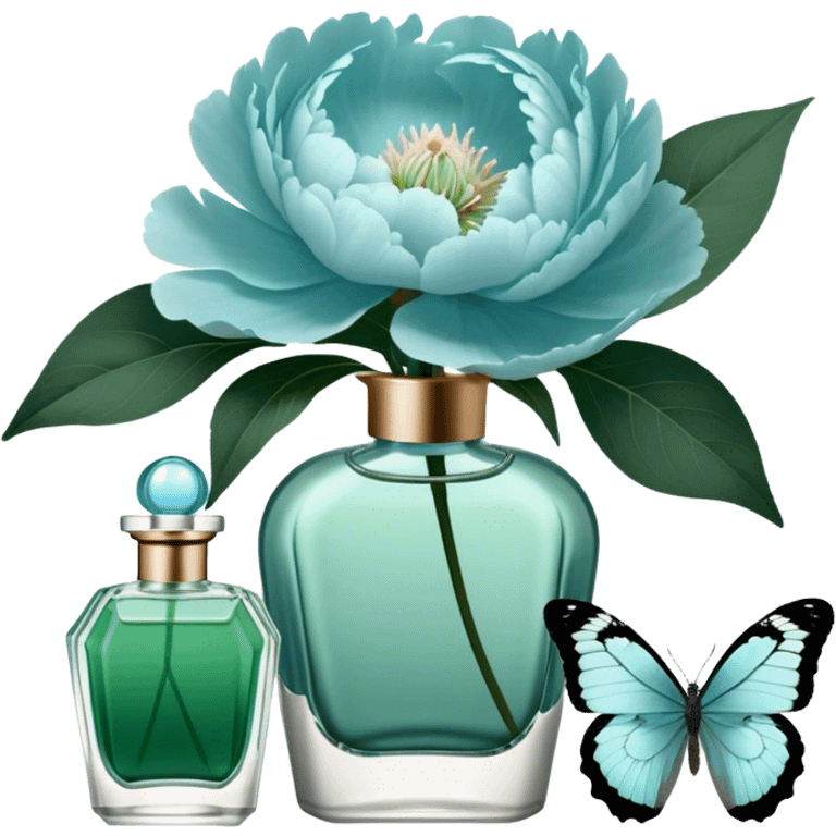 A delicate arrangement of pale blue peonies and a translucent green  butterfly near a deep green color perfume bottle.    emoji