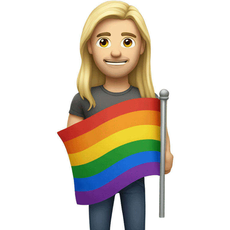 caucasian man with straight long blonde hair holding gay flag emoji