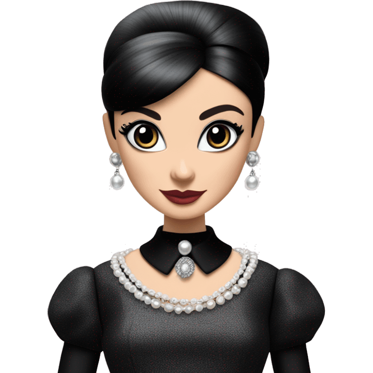 Audrey Hepburn as Sabrina Barbie.Wednesday Addams. Show full body wearing Embroidered long black gown jewelry gloves pearl earrings  emoji