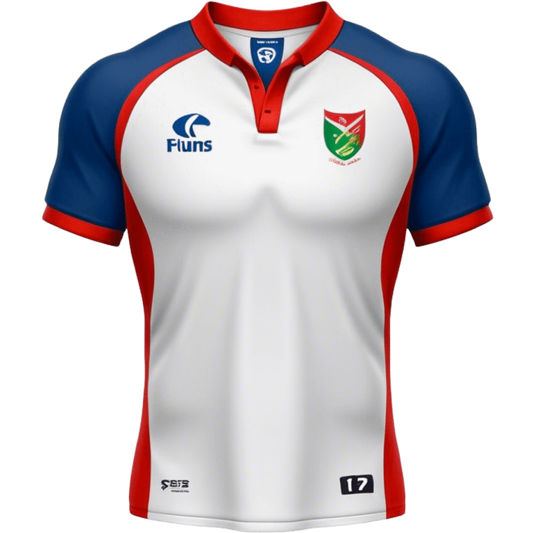 Cinematic Realistic image of a rugby jersey rendered in bold, dynamic team colors with intricately detailed fabric textures and natural creases, illuminated by dramatic stadium lighting emoji