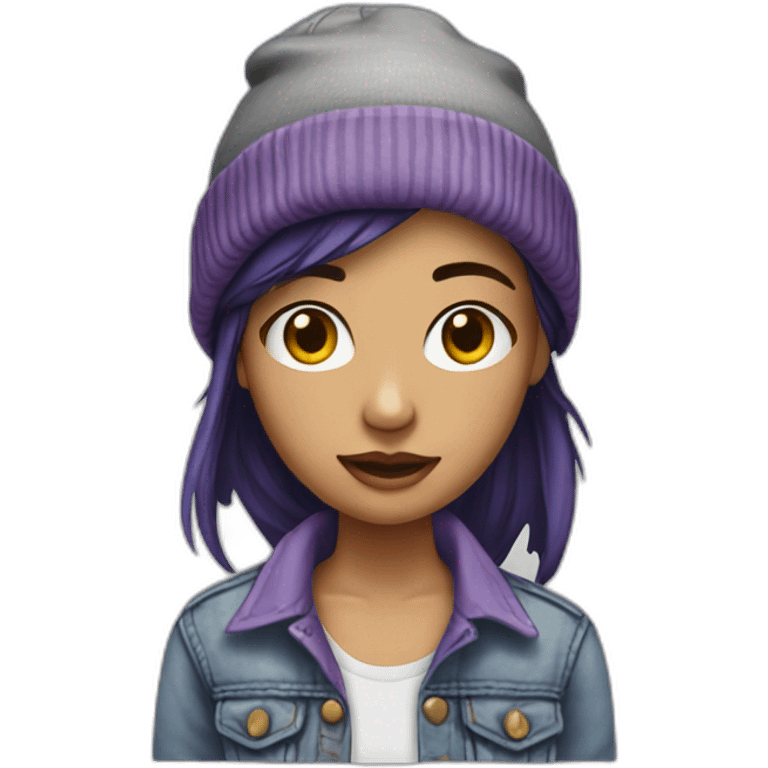 Female in her 20's with dark purple hair wearing a tattered Jean jacket and a gray beanie emoji