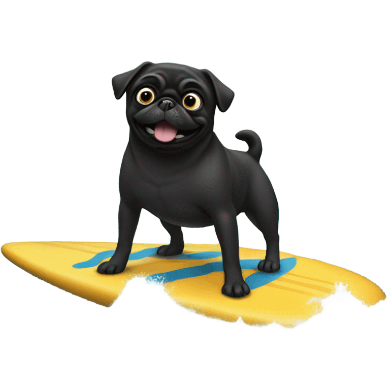 Black pug surfing in the ocean emoji