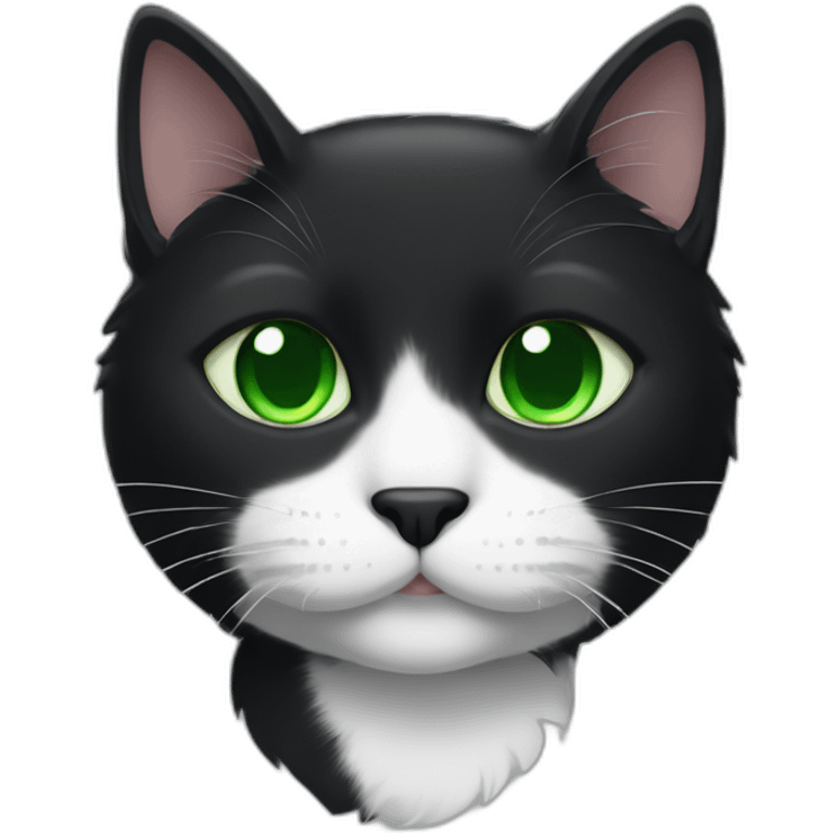 A black cat with green eyes with a white mustache, a white stripe on its nose, a full-length white breast and white paws emoji