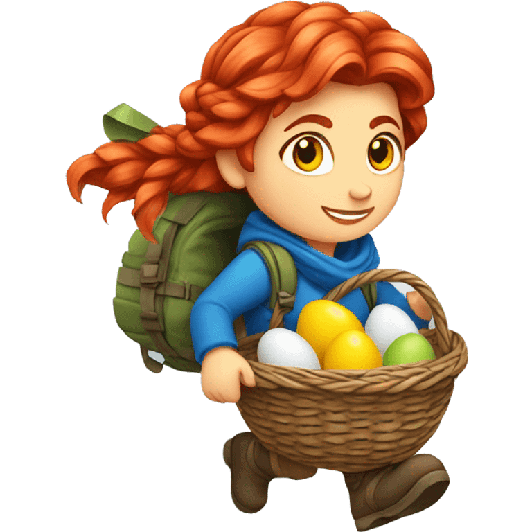 red hair female winter mountaineer climbing with Easter eggsbasket and Greek flag emoji