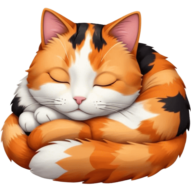 Meme-Worthy Cute Sleeping Calico Cat Portrait Emoji, Head resting peacefully with a content, gentle smile and softly closed eyes, featuring a delicate patchwork fur in vibrant orange, black, and white hues, simplified yet irresistibly endearing, highly detailed, glowing with a soft, drowsy radiance, high shine, exuding relaxed and utterly lovable charm, styled with a gentle, soft glowing outline, capturing the essence of a sleeping calico cat that appears destined to become a viral icon of adorable rest! emoji