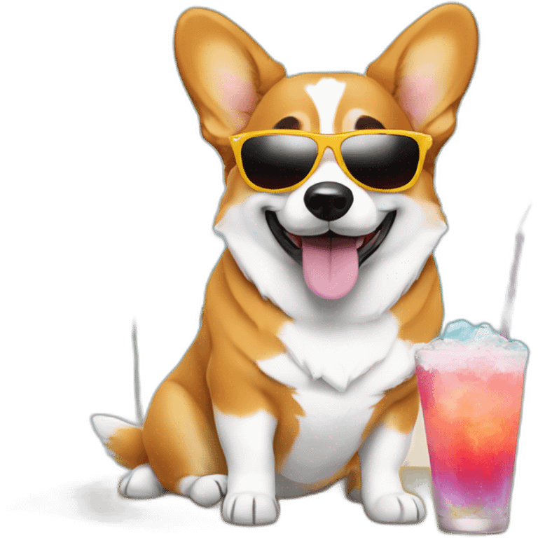 corgi on vacation with sunglasses and a drink emoji