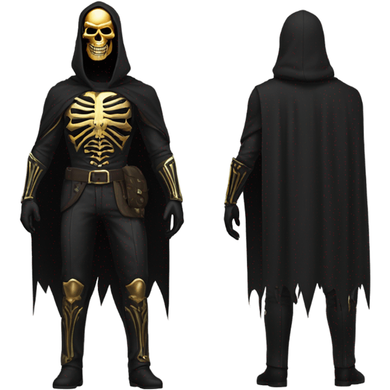 Bounty Hunter Boss with black cape and a perfect gold skull jaw mask from death Stranding, full body front and back emoji