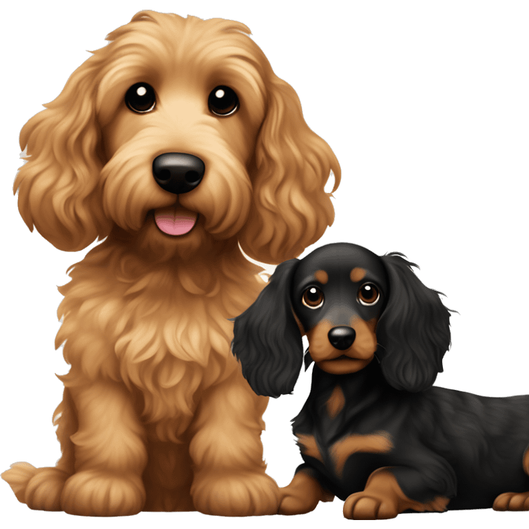 Brown golden doodle and black and tan and cream longhair dachshund sitting together  emoji