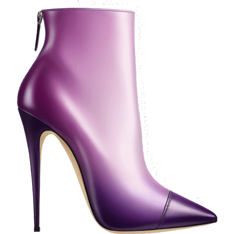 Realistic isolated too view of a pair of lavender to dark plum ombre Jimmy Choo stiletto ankle bootie boots.  emoji