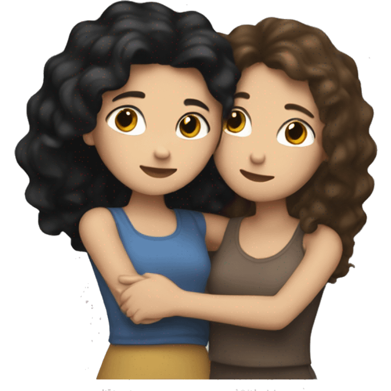 Two best friends hugging one with black hair and the other with brown hair with highlights. Both white skin emoji